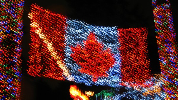 Picture of the Canadian Maple Leaf flag, all made out of red and white Christmas lights